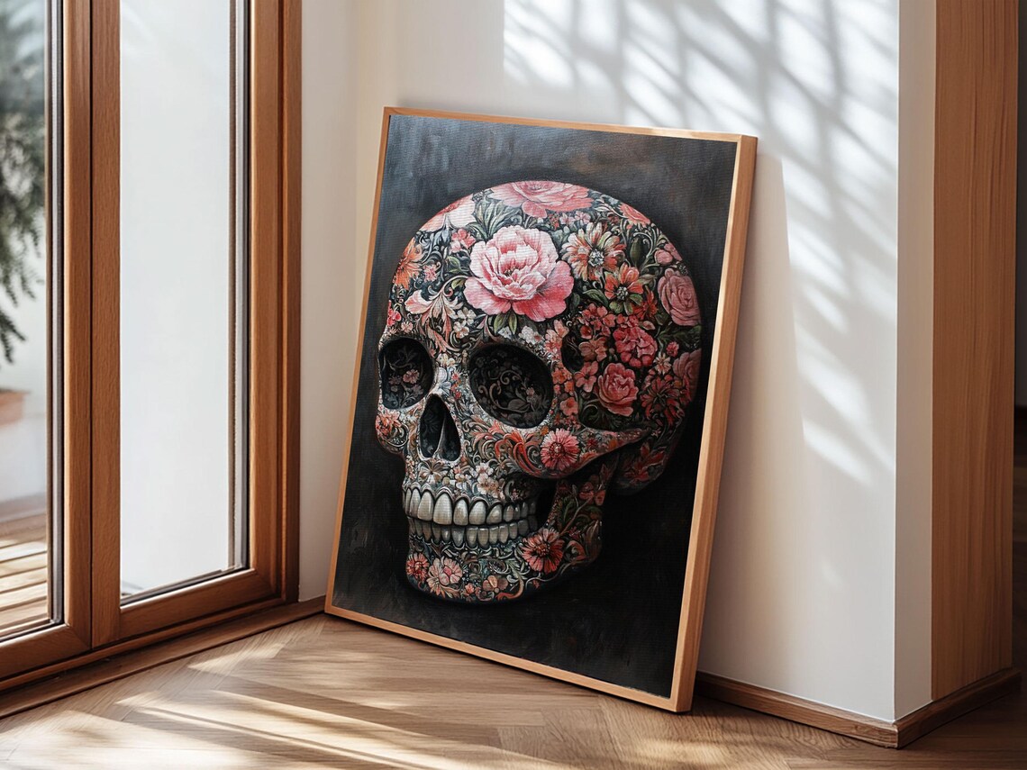 Floral Skull Pink Roses Gothic Boho Dark Botanical Skull Wall Art Poster - Image 6