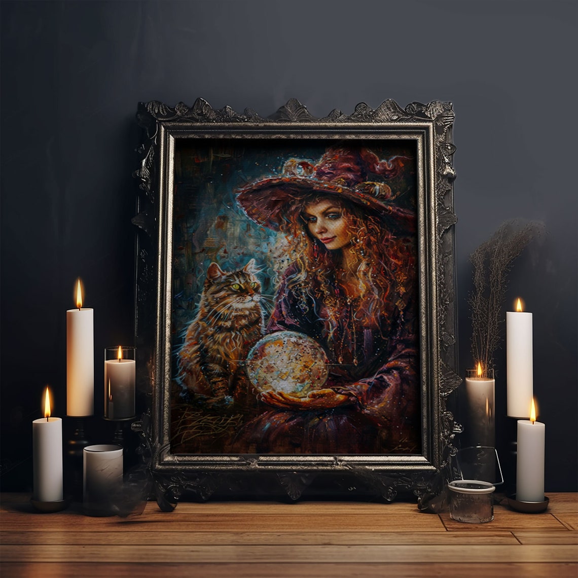 Enchanting Witch With Crystal Ball And Tabby Cat Mystical Art Poster - Image 6