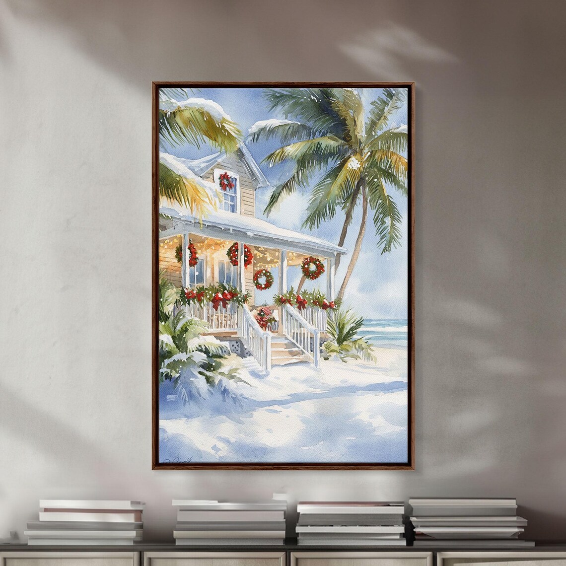 Beach House Christmas Porch With Palm Trees Wreaths Snow Poster - Image 5
