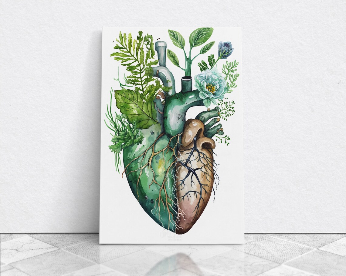 Florapunk Heart Watercolor Art Print, Anatomical Heart