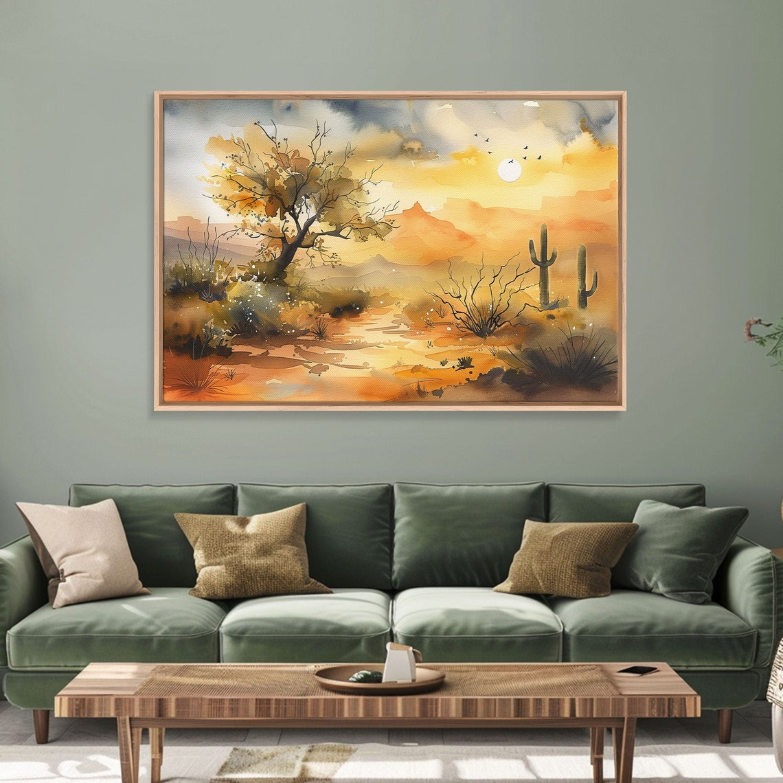 Utah Desert Sunset Watercolor Saguaro Cacti Birds Golden Sky Poster