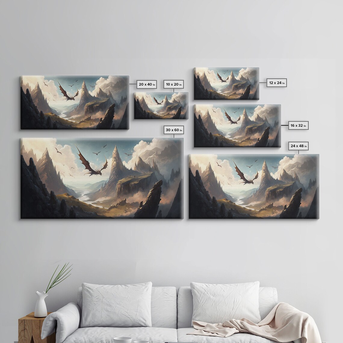 Dragons In Flight Over A Valley, Medieval Fantasy Art Print - Image 2