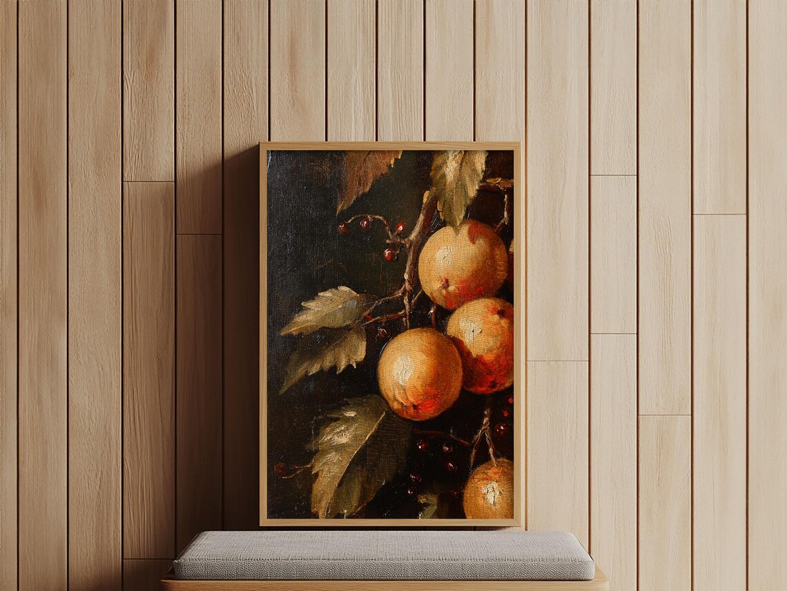 Antique Oranges On Branch Still Life Dark Oil Painting Art Print - Image 4