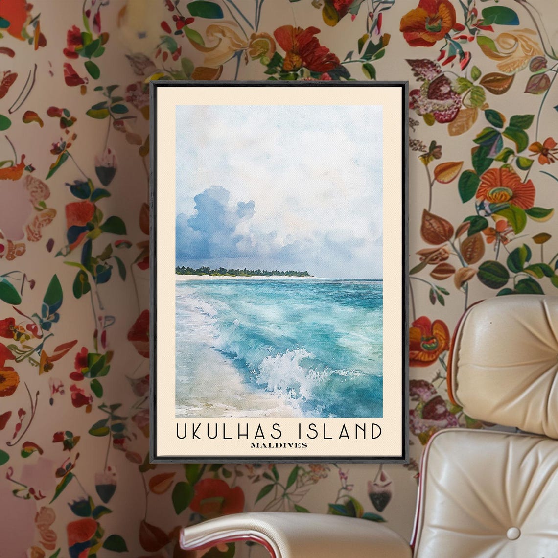 Ukulhas Island Maldives Turquoise Waves White Sand Watercolor Poster