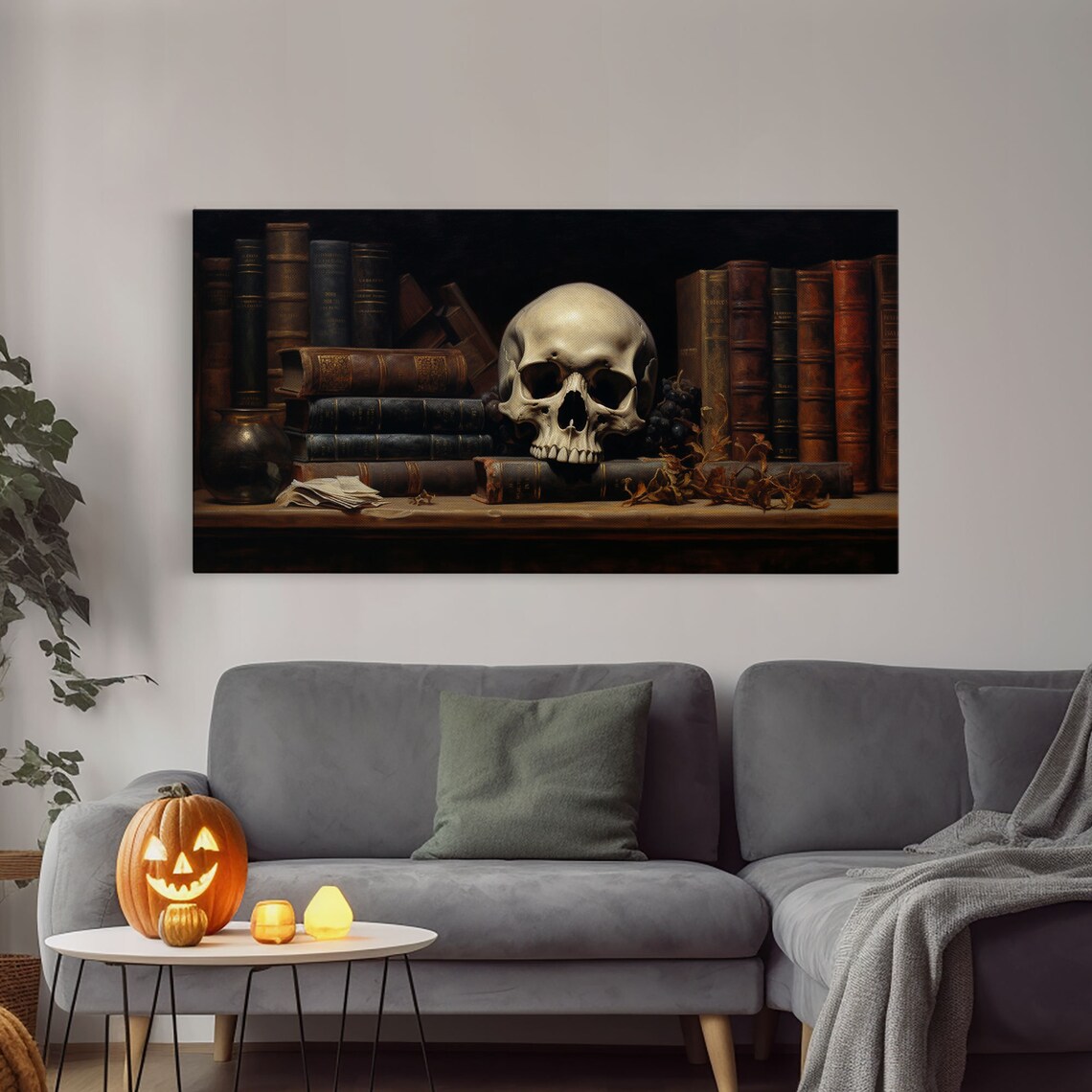 Victorian Gothic Library Skull On Bookshelf Dark Academia Spooky Art Poster - Image 4