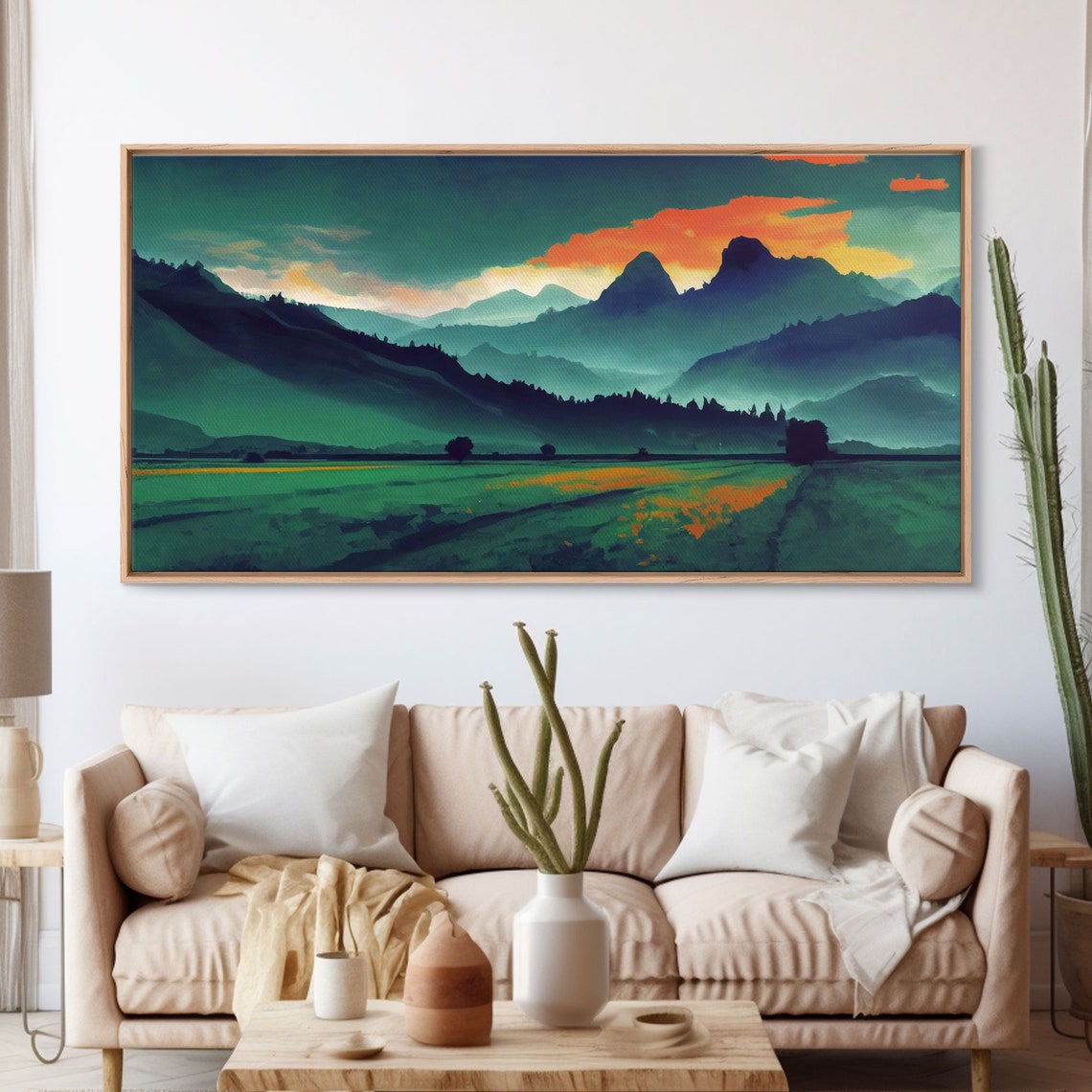 Emerald Valley Mountains Under Fiery Orange Sunset Sky Painterly Print - Image 3