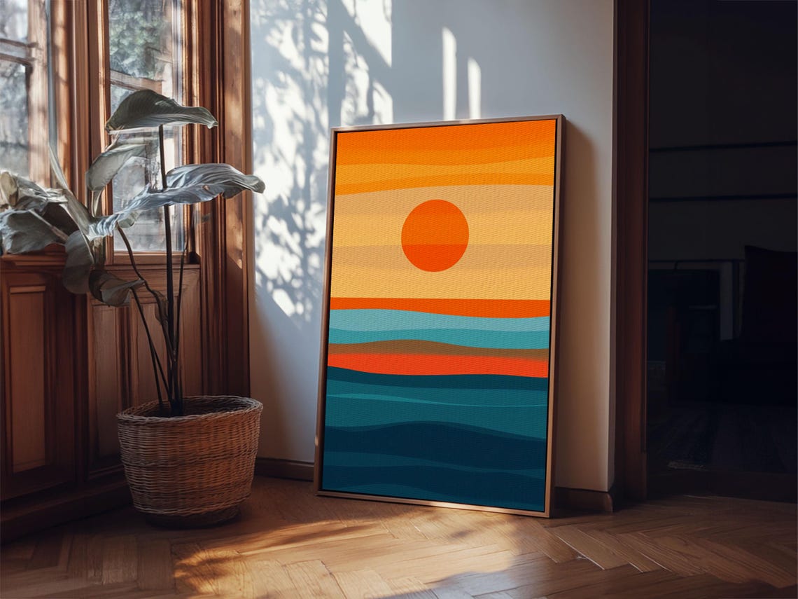 Minimalist Retro Sunset Over Ocean Waves Orange Teal Art Poster - Image 2