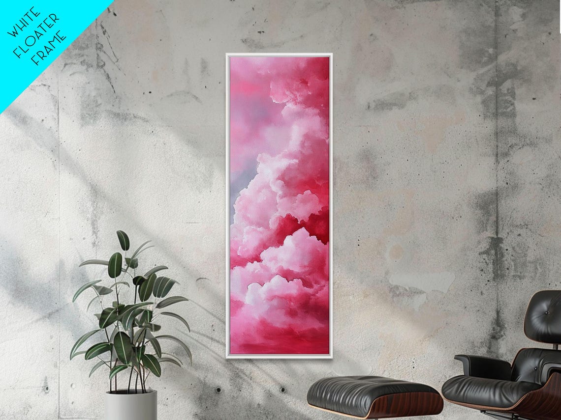Vivid Pink Cloudscape Vertical Oil Painting Cottagecore Wall Poster - Image 4