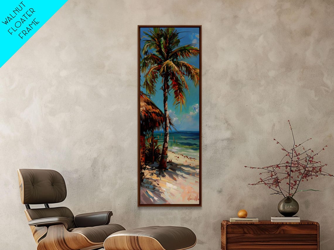 Tall Palm Tree With Thatched Hut On Tropical Beach Sunny Coast Poster - Image 5