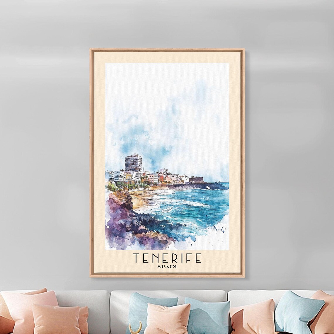 Tenerife Spain Coastal Town Rocky Cove Turquoise Sea Watercolor Poster - Image 2