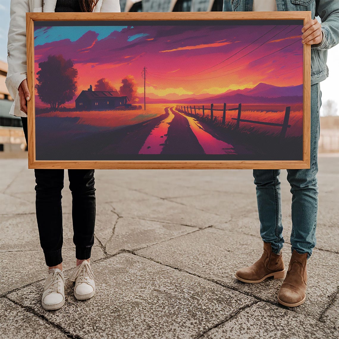 Synthwave Farmhouse Sunset Dirt Road Neon Purple Orange Sky Wall Art - Image 5