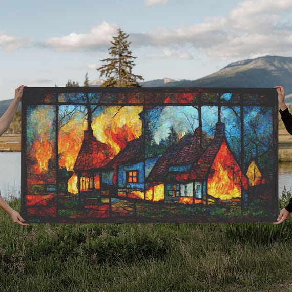 Stained Glass Cottage On Fire Print Negative Art House On Fire Depicted In Stain Glass Cool Wall Art