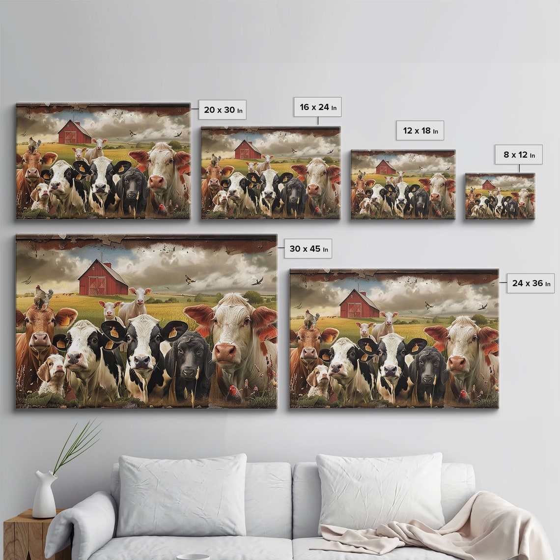 Cute Cow Herd Red Barn Farm Animal Faces Rustic Countryside Wall Art - Image 2