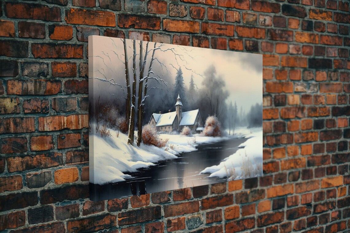Snow Covered Landscape Church Art, Boho Minimalist Modern - Image 5