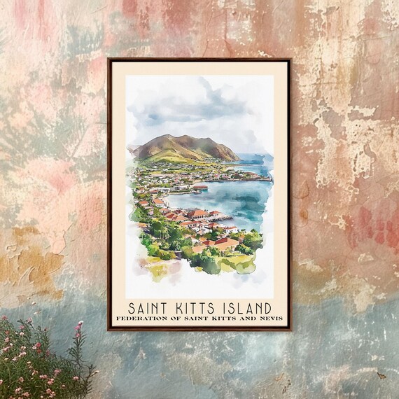 Saint Kitts Island Harbor Town Mountain Bay Watercolor Travel Poster