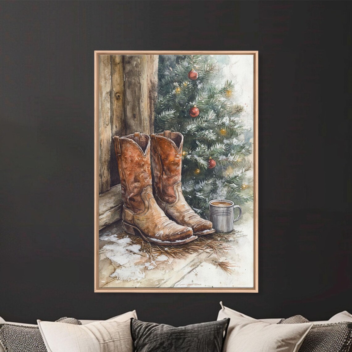 Cowboy Boots By Christmas Tree With Cocoa Mug Western Holiday Poster - Image 2