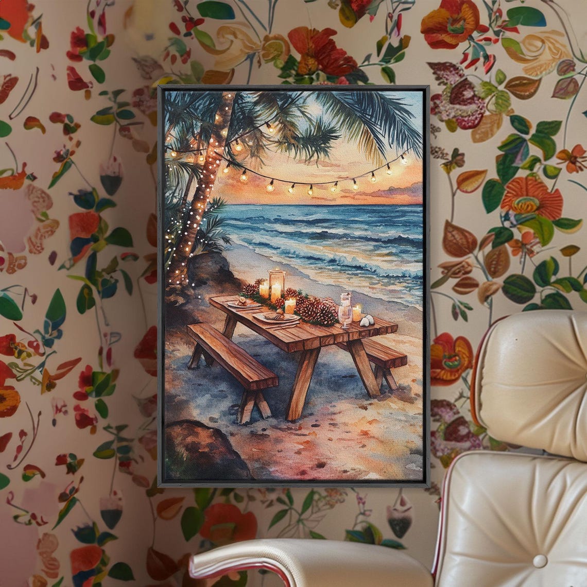 Sunset Beach Picnic Table With String Lights Ocean View Poster - Image 4