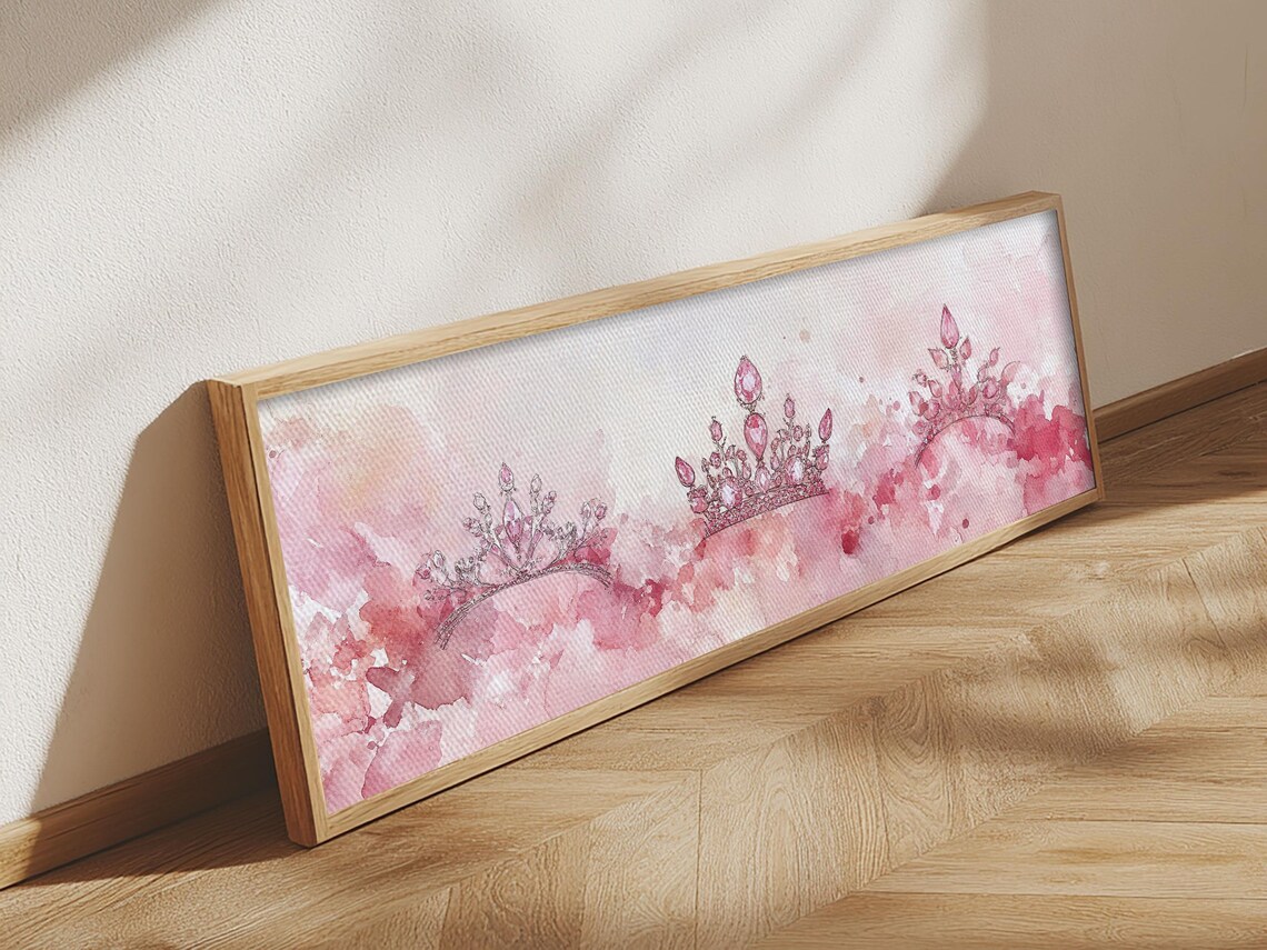 Pink Watercolor Tiaras Trio Princess Crowns Horizontal Wall Art Poster - Image 5