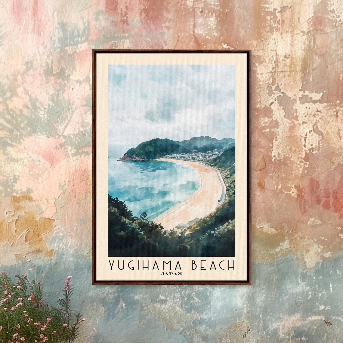 Yugihama Beach Japan Watercolor Curved Bay Green Hills Travel Poster - Image 4