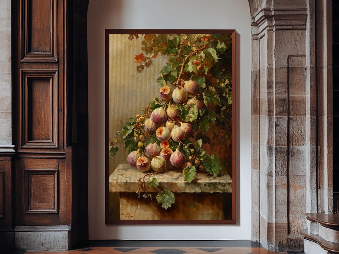 Ripe Figs on the Vine Still Life Oil Painting Kitchen Wall Art Print - Image 2