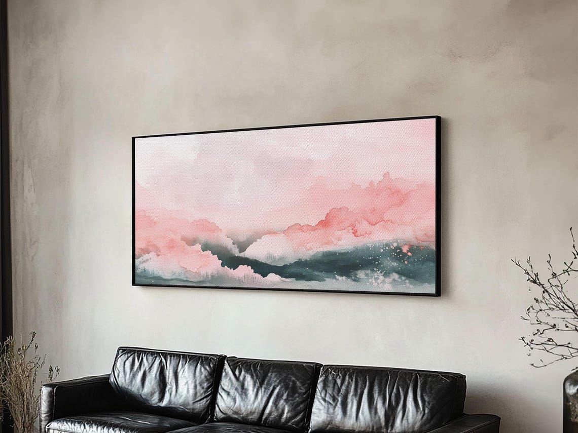 Pink Clouds Over Teal Waves Wide Abstract Watercolor Ocean Sky Poster - Image 3