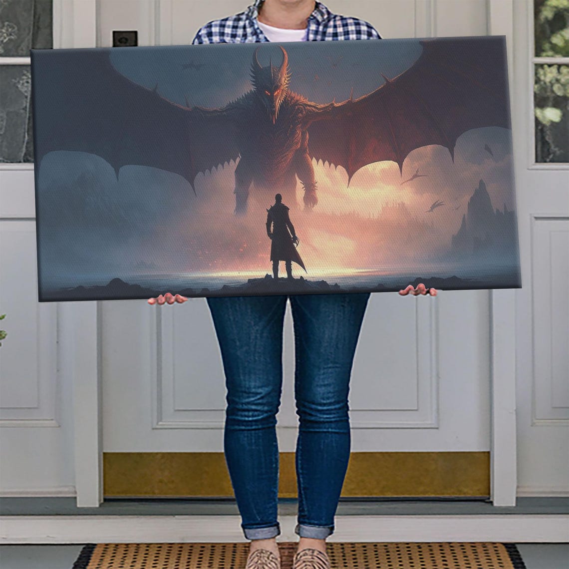 Warrior Facing Giant Dragon Misty Battlefield Epic Fantasy Wall Poster - Image 4