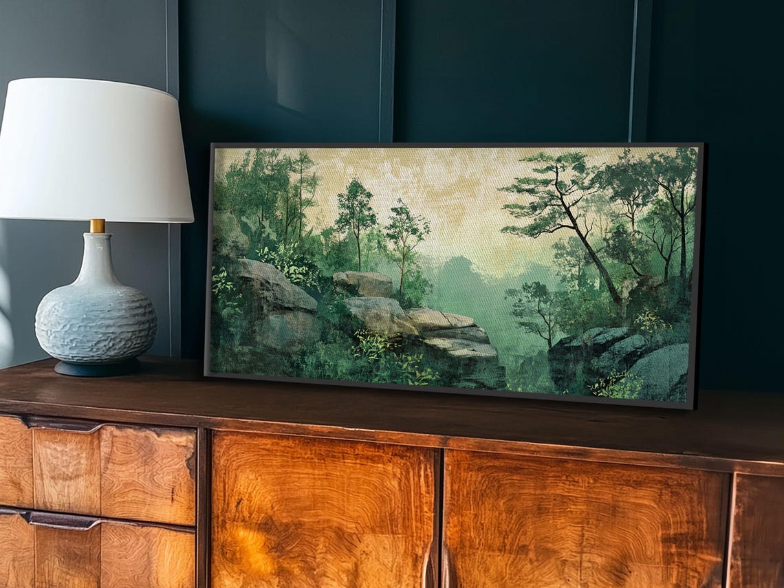 Misty Green Forest Rocks Serene Woodland Vintage Landscape Poster