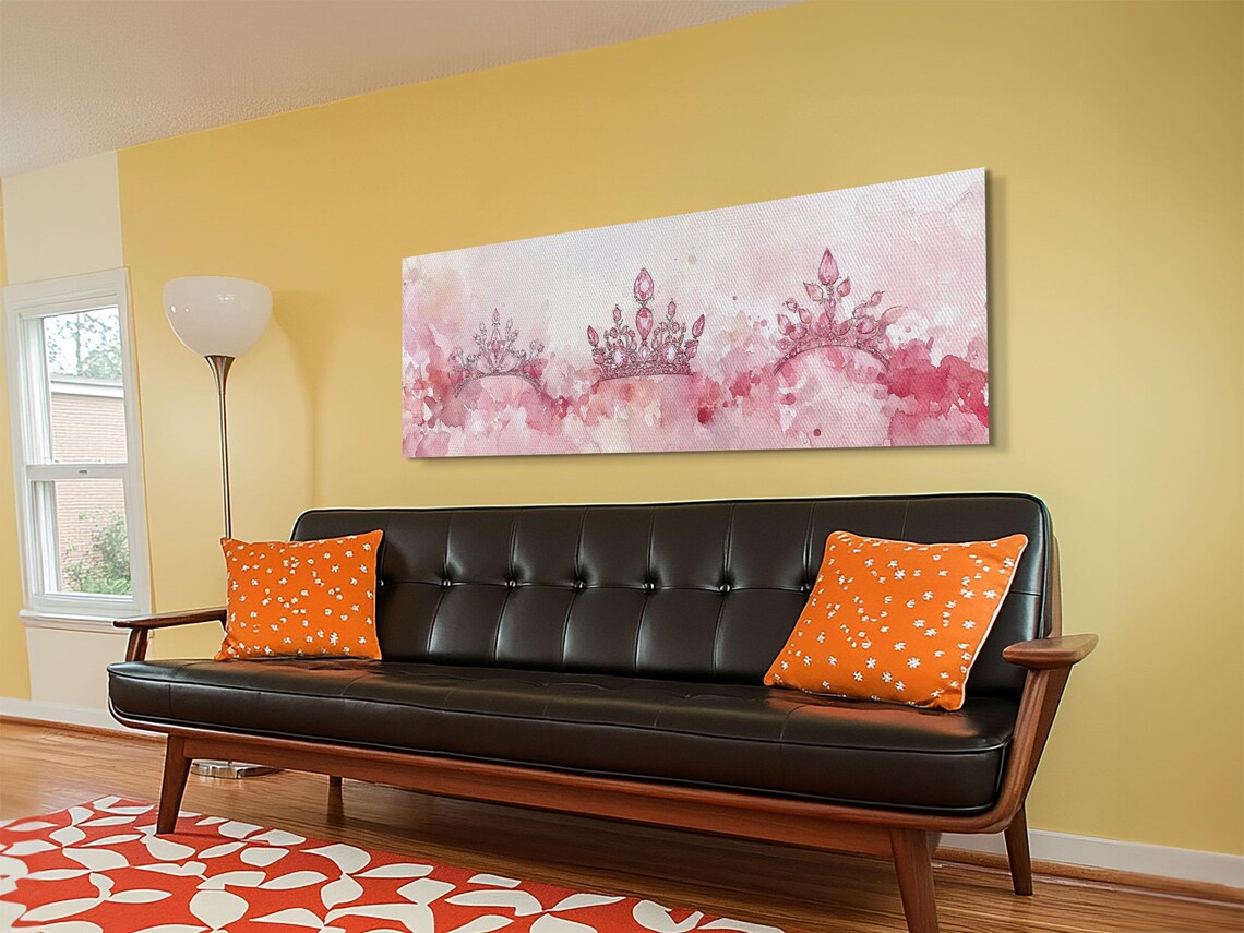 Pink Watercolor Tiaras Trio Princess Crowns Horizontal Wall Art Poster - Image 4
