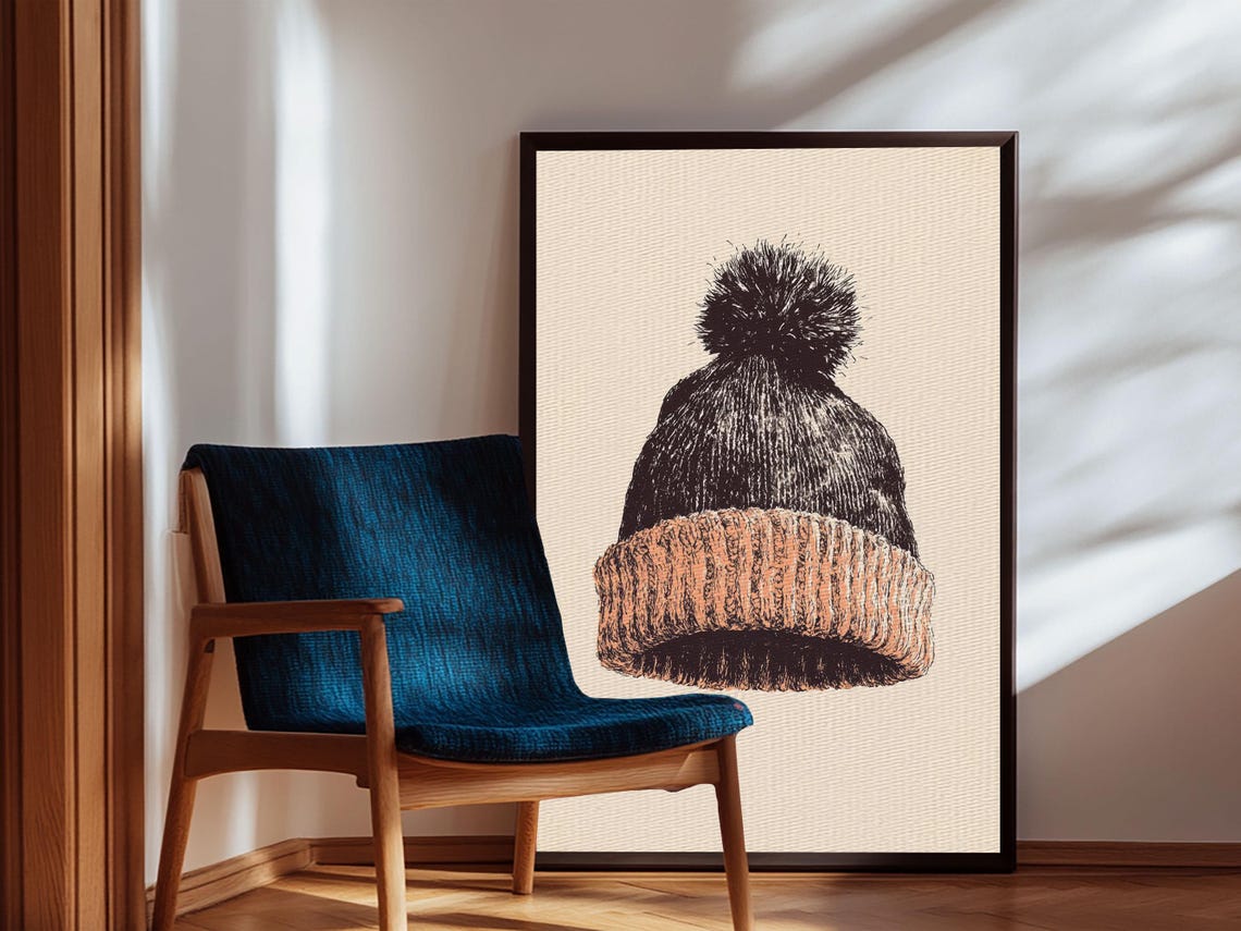 Knit Winter Beanie With Pom Pom Vintage Sketch Minimalist Art Print - Image 3