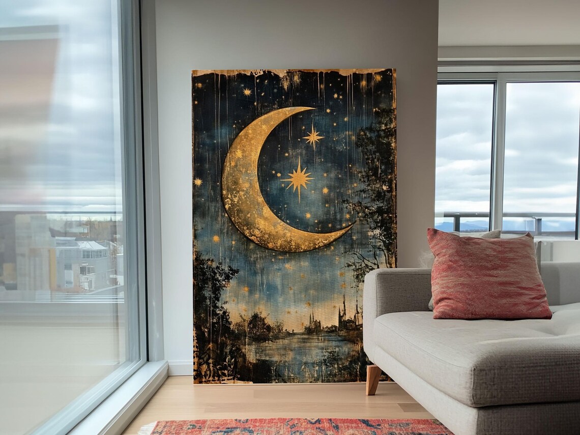 Crescent Moon Starry Night Folk Art Boho Eclectic Poster - Image 5