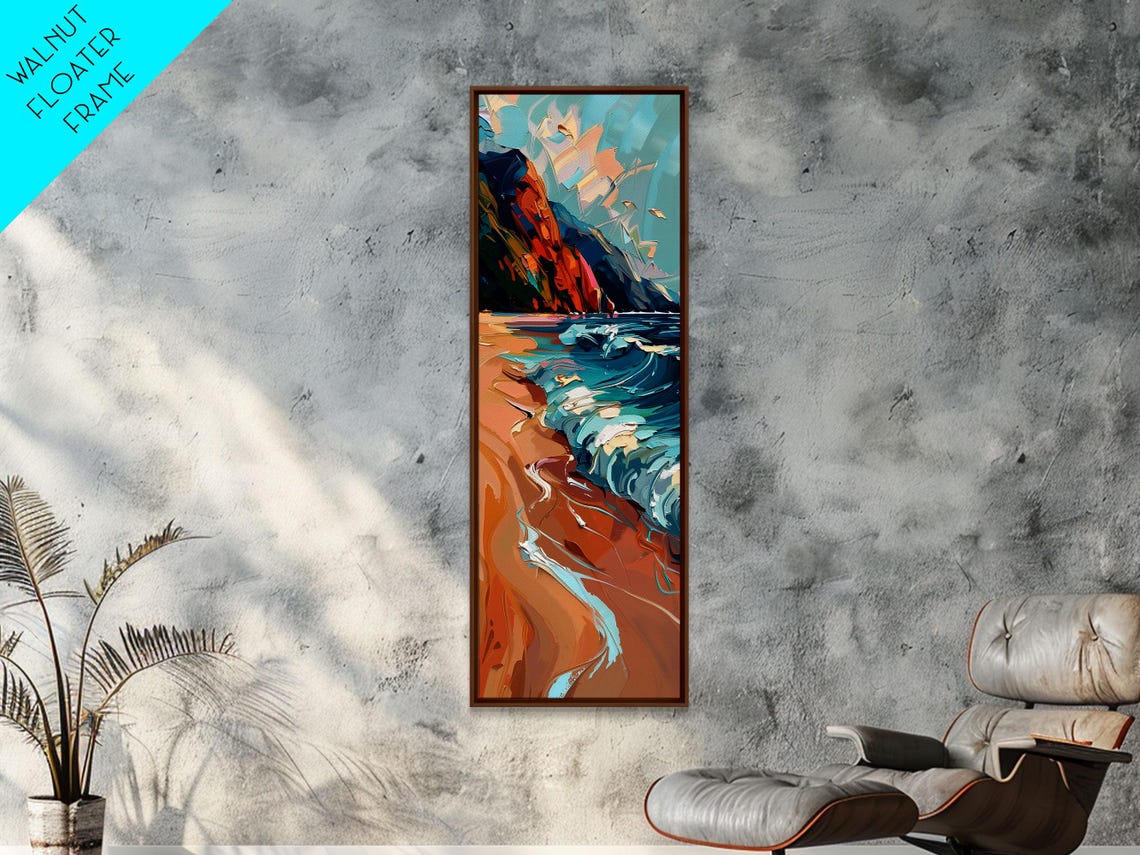 Orange Cliffs Beach Turquoise Waves Colorful Coastal Painting Poster