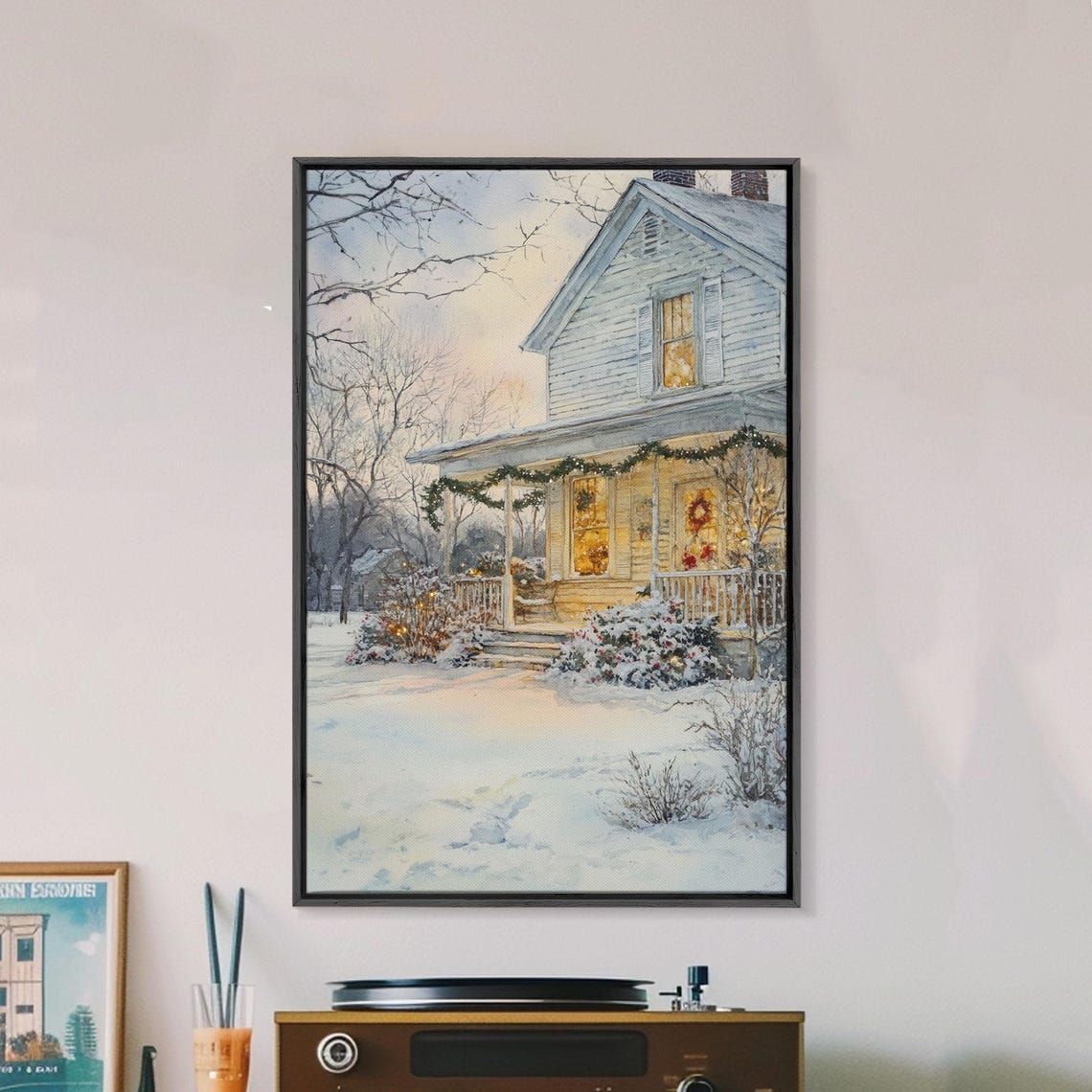 Snowy Farmhouse At Christmas Glowing Windows Garlands Winter Poster - Image 5