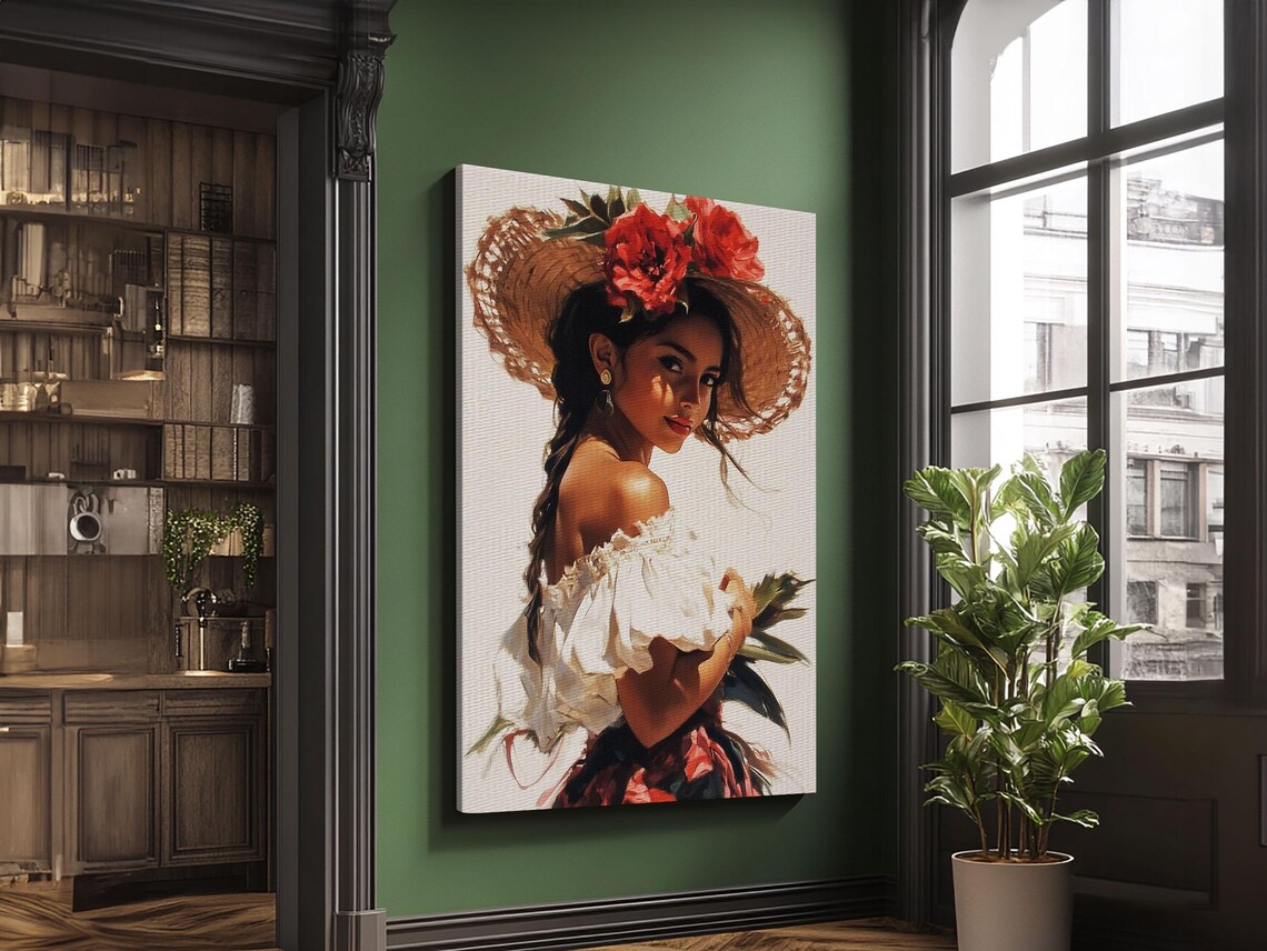 Latina Woman Straw Hat Red Flowers Portrait Mexican Wall Art Poster - Image 6