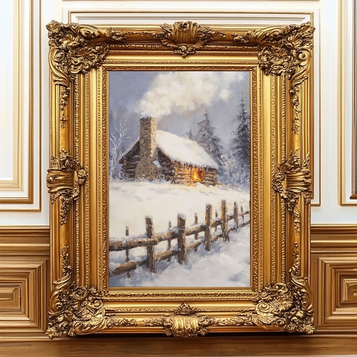 Rustic Log Cabin In Snow With Glowing Window And Fence Poster - Image 5