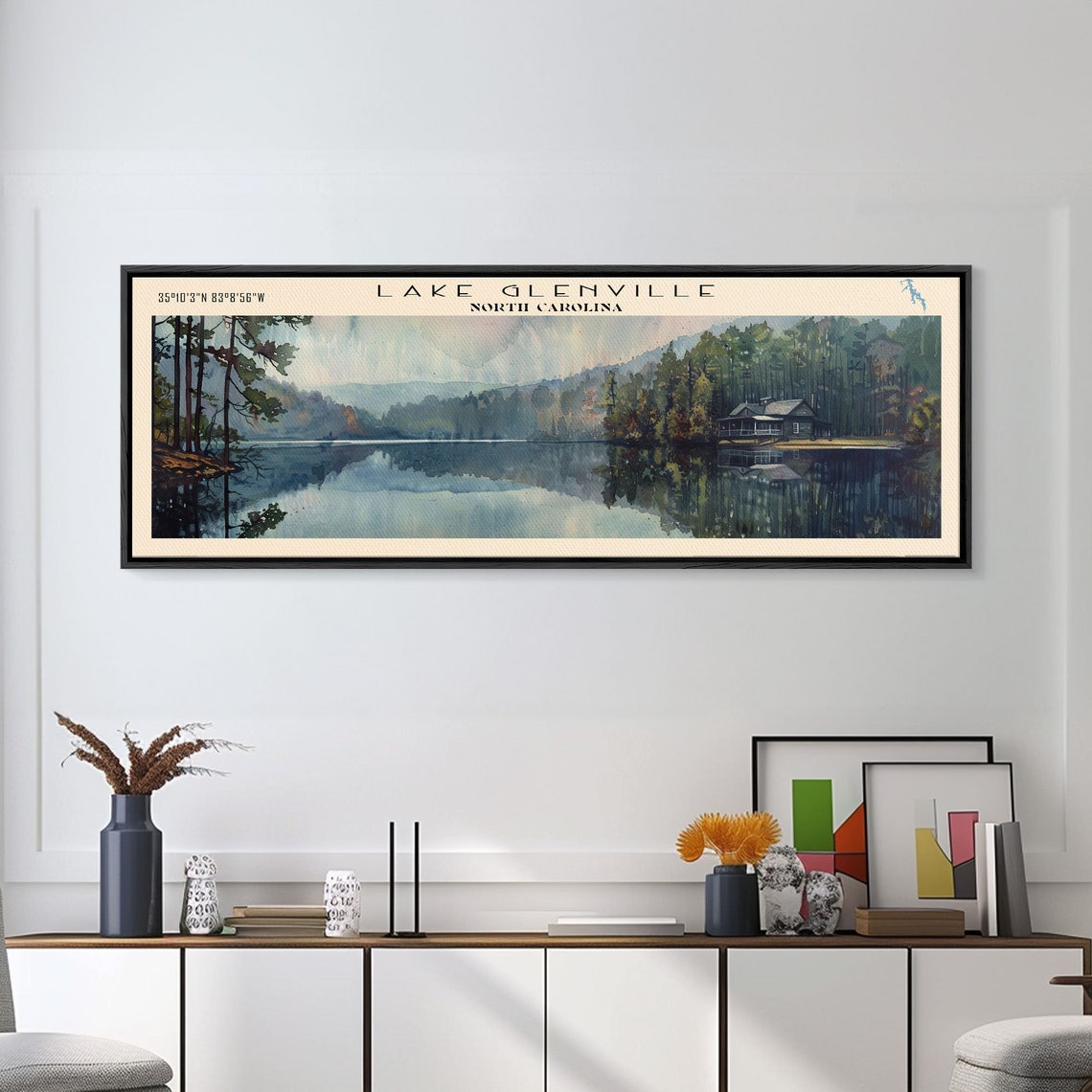 Lake Glenville North Carolina Framed Print Lake House Decor Panoramic Wall Art Travel Poster Scenic Lake Painting Nature Art - Image 5