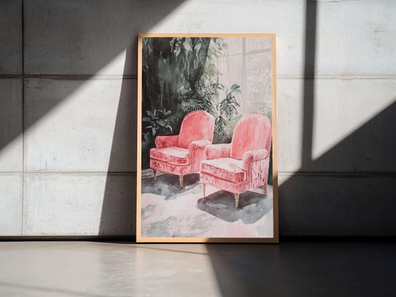 Vintage Pink Chairs Framed Print Moody Art For Living Room Cottagecore Rustic Wall Art Minimalist Cozy Indoor Decor Gift Idea Him