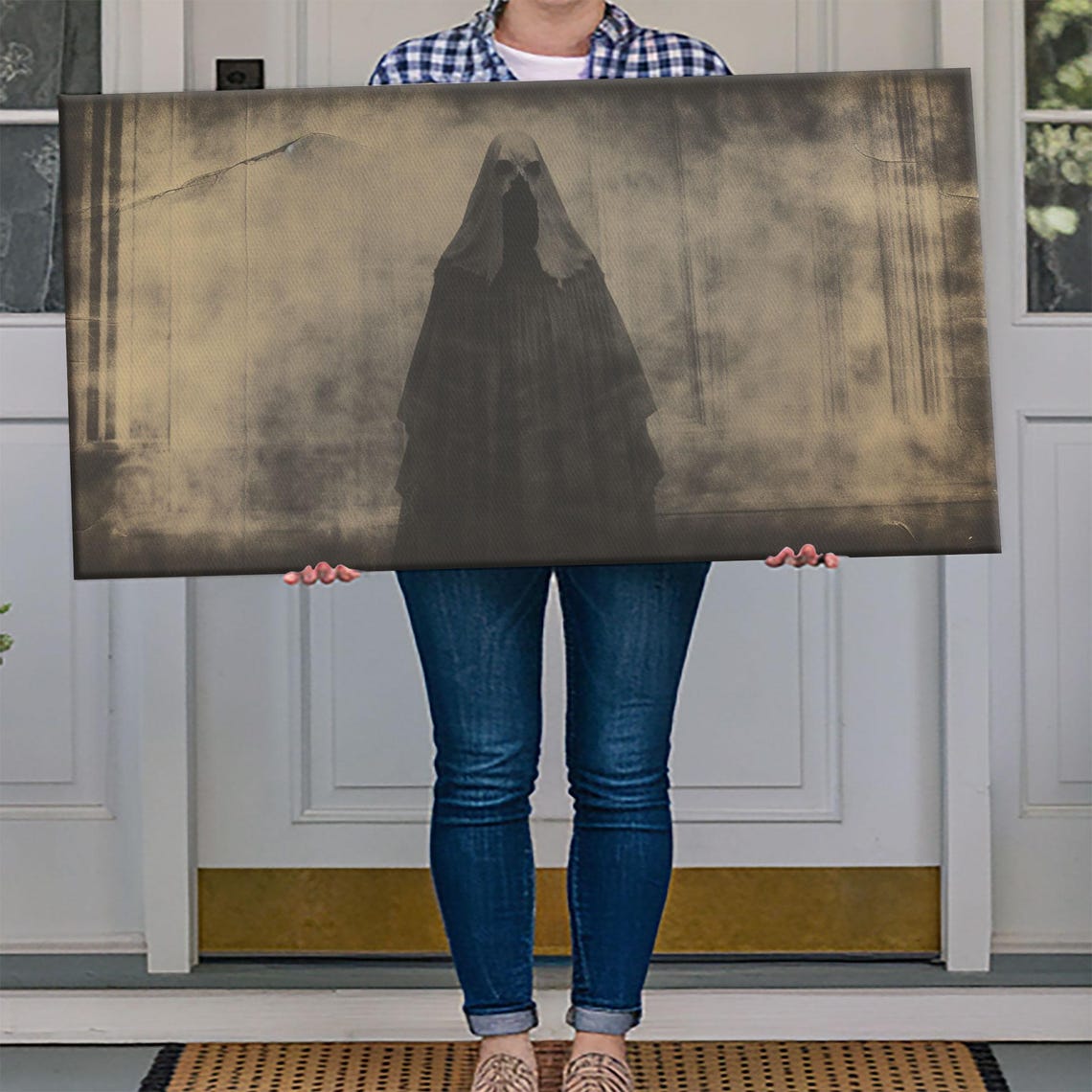 Haunted Apparition Ghost In Vintage Cracked Sepia Photo Wall Art - Image 4