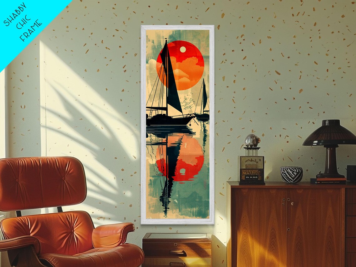 Japanese Sailboat Sunset Reflection Red Sun Calm Waters Poster - Image 5