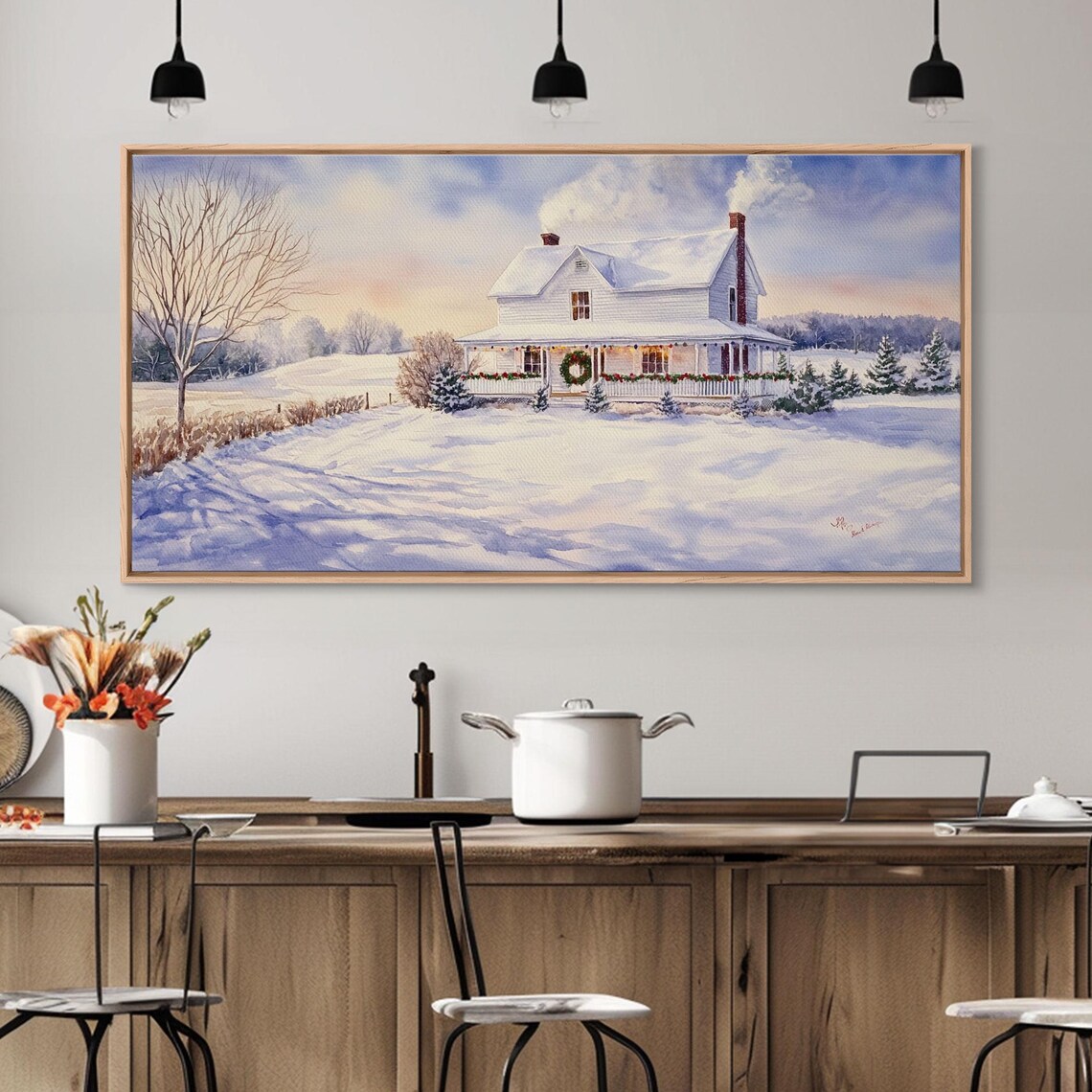 Snowy White Farmhouse Christmas Wreath Winter Dusk Art Print - Image 5