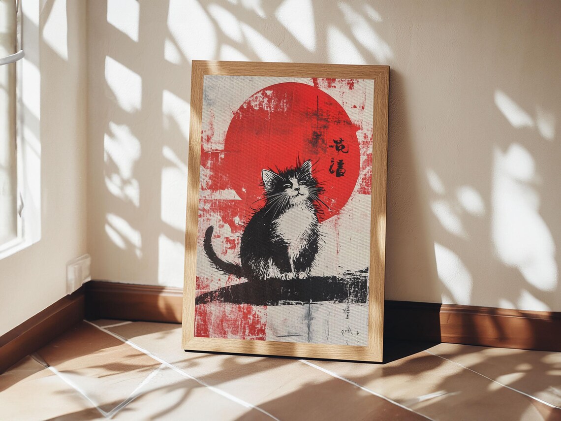 Black Cat Red Sun Japanese Ink Painting Tuxedo Kitten Wabi Sabi Art Poster - Image 4