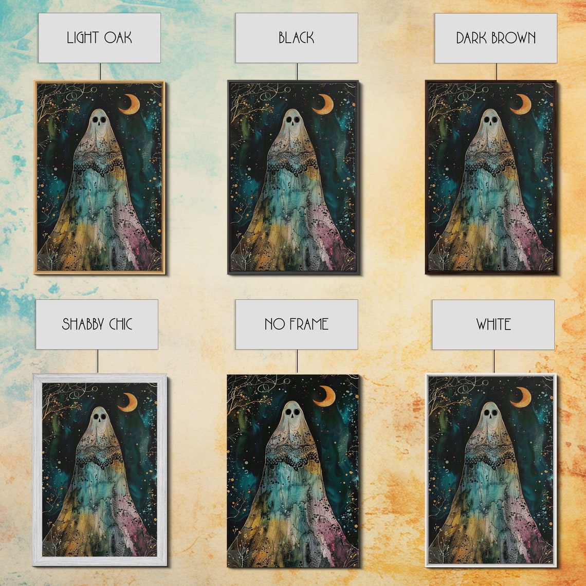 Cottagecore Veiled Ghost Crescent Moon Starry Night Art Poster - Image 2