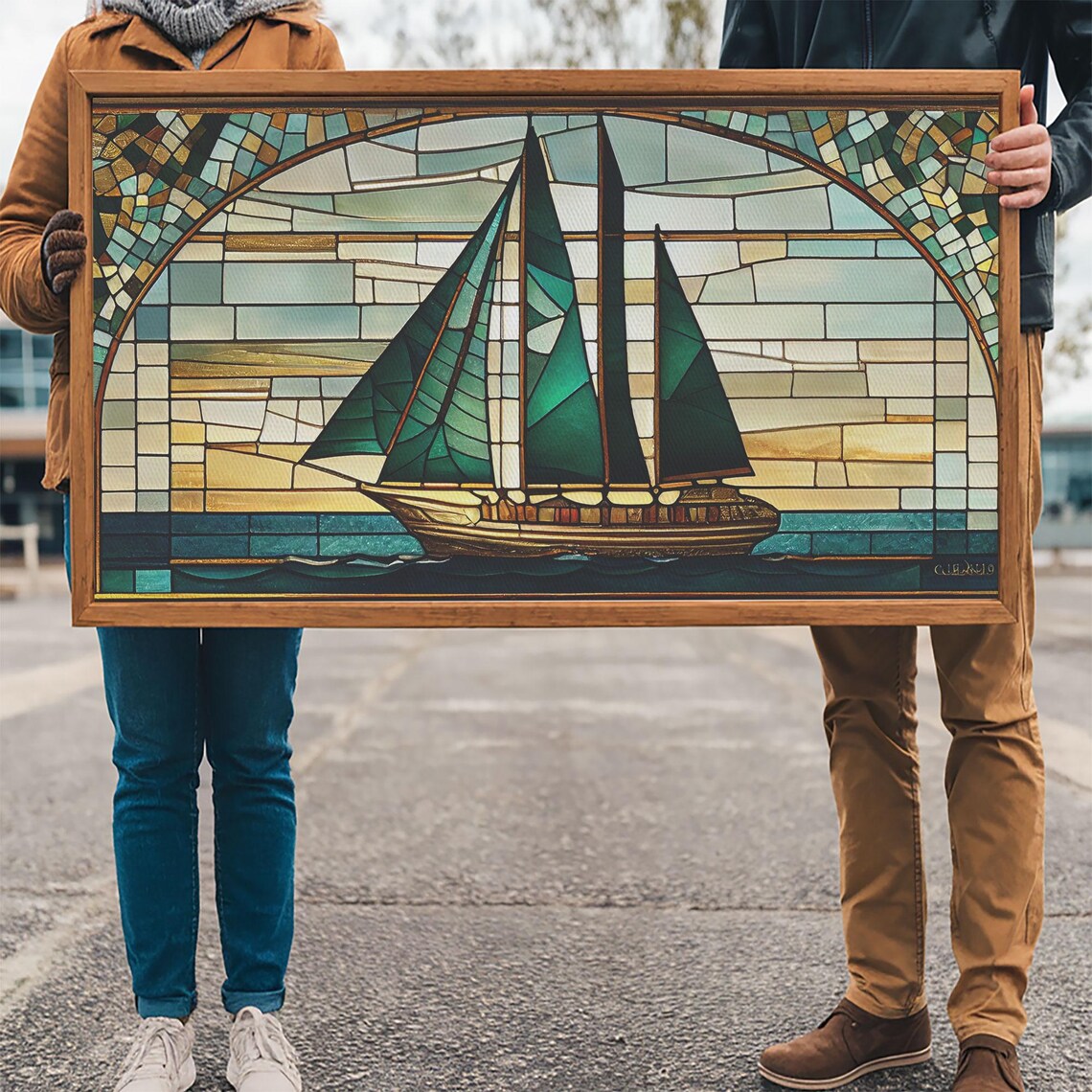 Emerald Sailboat Stained Glass Art Deco Nautical Mosaic Ocean Poster - Image 3