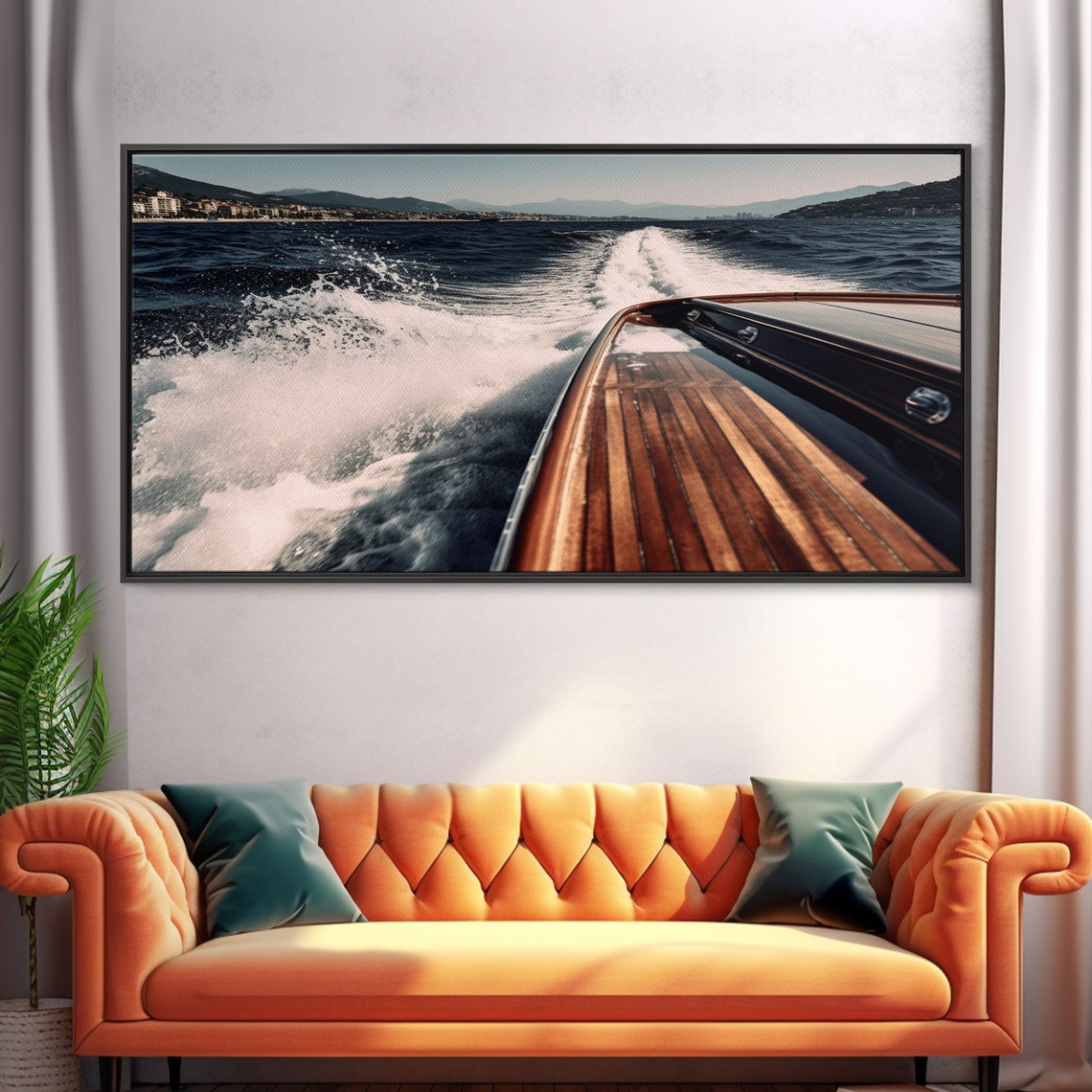 Classic Wooden Speedboat White Wake Open Sea Coastline Poster - Image 5