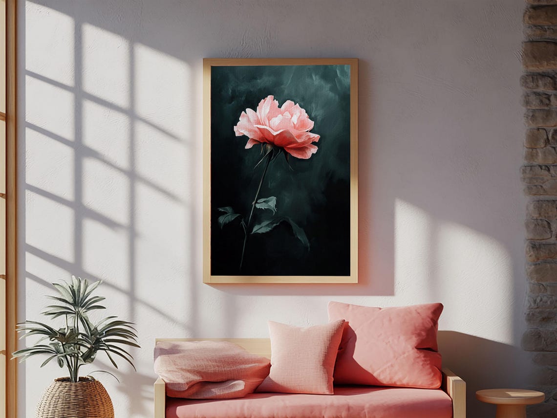 Oil Painting Print Of A Pink Rose Framed Print French Country Decor Modern Farmhouse Rustic Farmhouse Rose Painting Rose Art