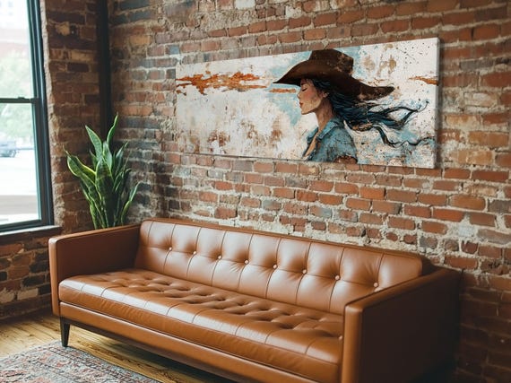 Blue Cowgirl Print Rustic Western Painting Farmhouse Art Wabi Sabi Artwork Guest Room Decor Extra Wide Wall Art