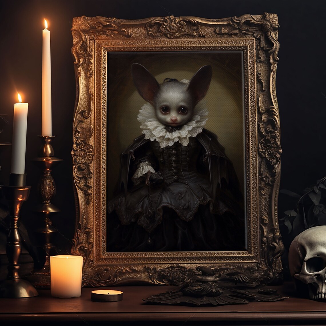 Cute Vampire Bat In Victorian Dress With Lace Collar Halloween Print - Image 5