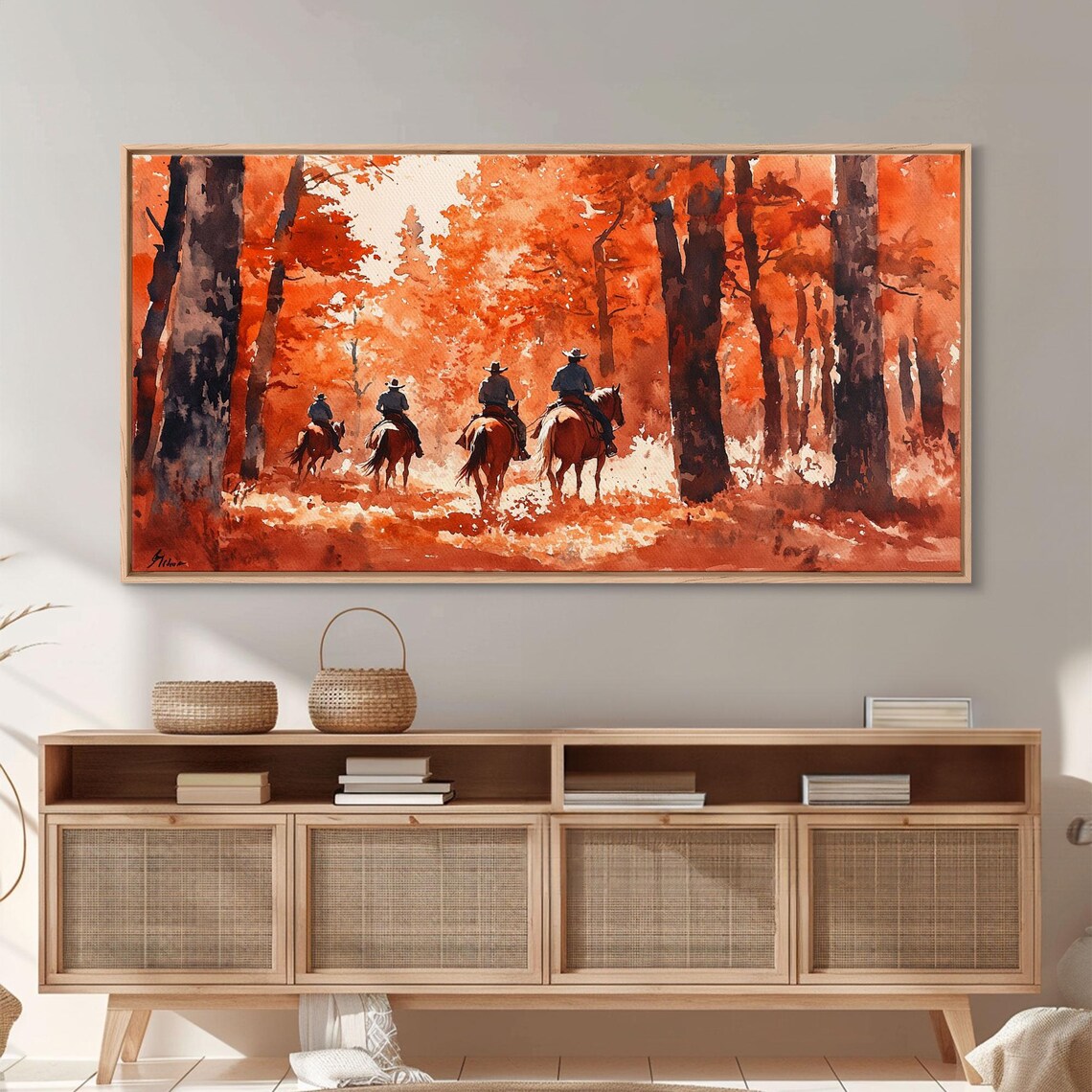 Cowboys Riding Into Blazing Red Autumn Forest Trail Art Print - Image 3