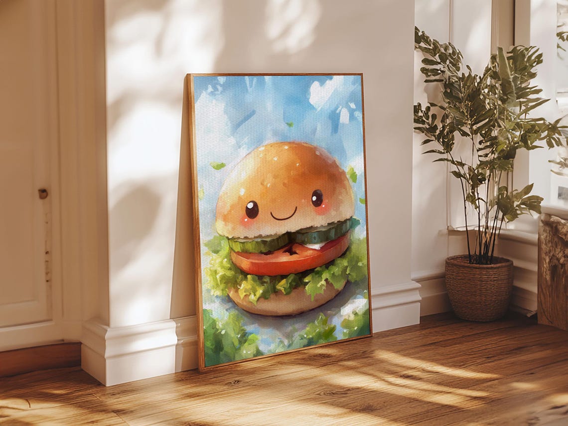 Kawaii Smiling Hamburger Cute Watercolor Kitchen Wall Art Print - Image 5