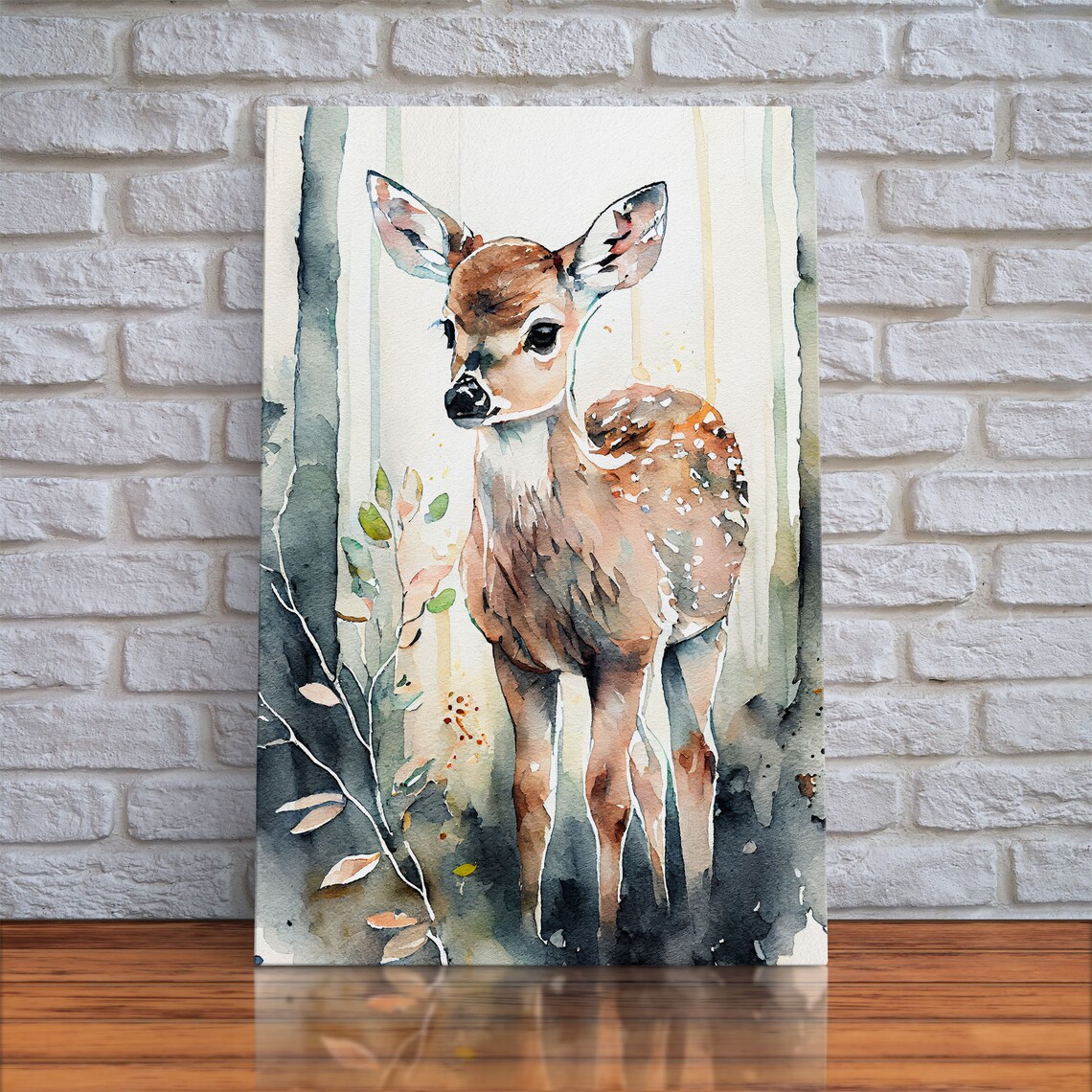Deer Fawn Watercolor Portrait Misty Forest Birch Trees Animal Print Poster - Image 5