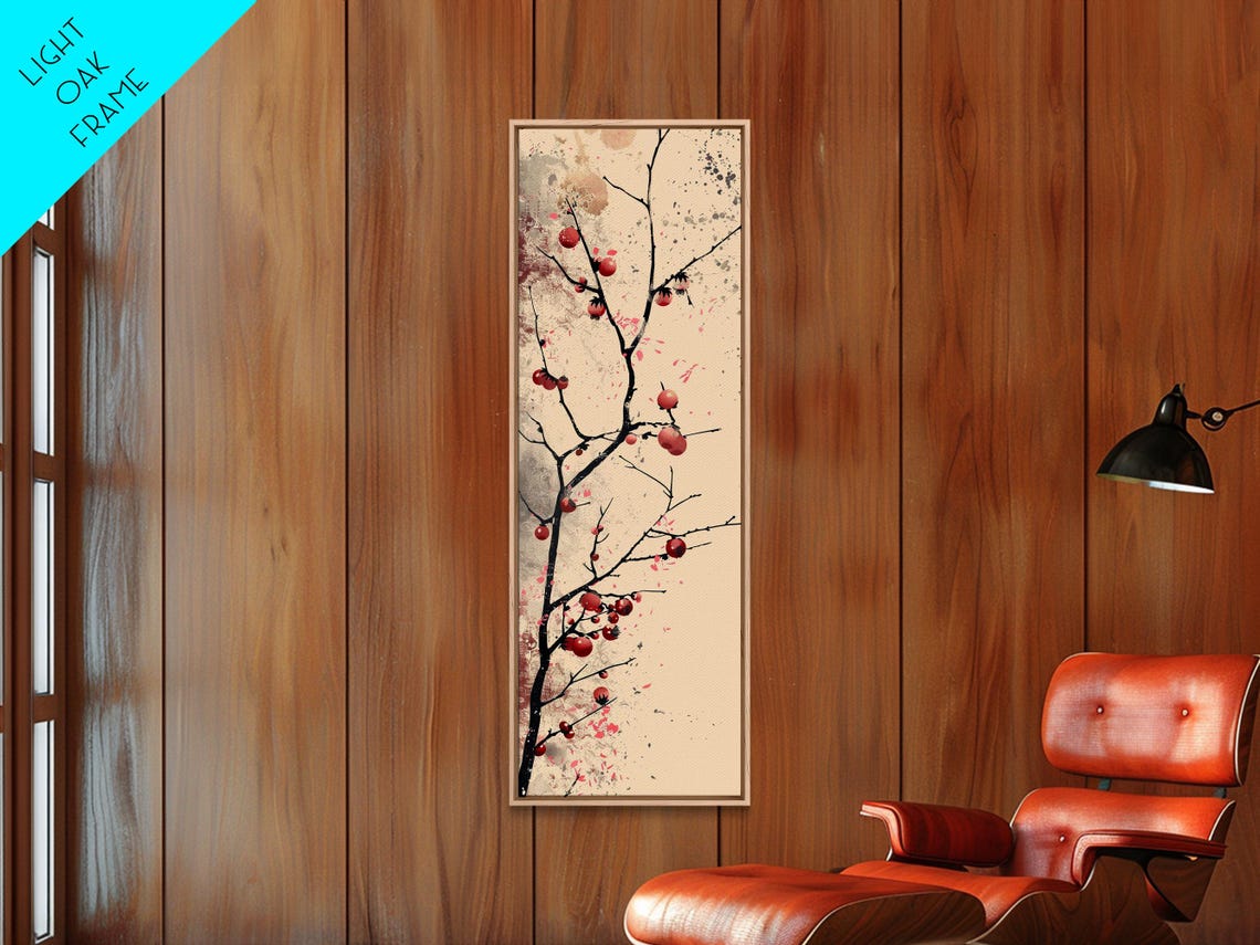Minimalist Red Berry Branch Ukiyo E Ink Wash Japanese Poster - Image 3